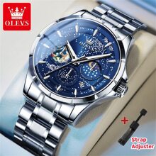Olevs男性石英手錶,具有天空星星表盤,日期、月相和發光功能,防水不鏽鋼錶帶,包括手錶和錶帶調整工具 - 藍色 - 查看 2