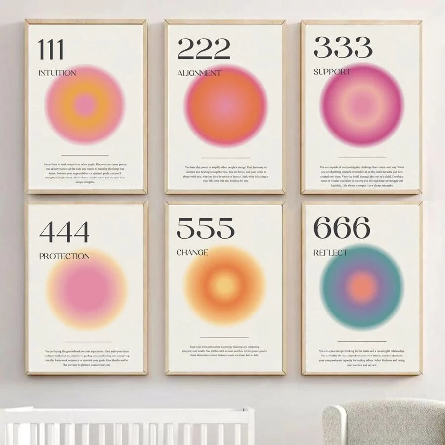 YIKES 6入組/套天使、數字、漸變和光環設計帆布牆壁藝術北歐風格家居裝飾畫