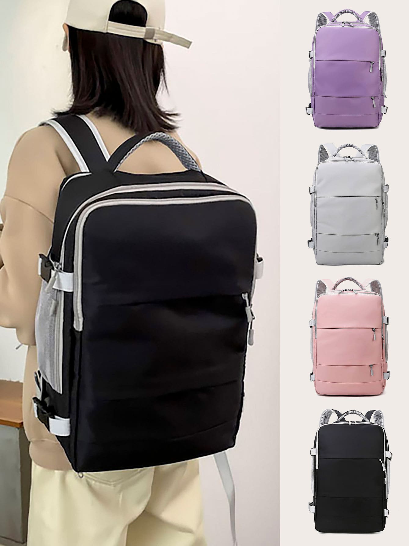 带鞋隔层和充电口的轻便旅行背包 - 大容量通勤包，适合时尚便捷的旅行黑色休闲笔记本电脑背包，轻便旅行书包，简单的顶部手柄书包，适合工作学校背包，学校用品，大容量，轻便，经典休闲，适合青少年女孩女大学生，新秀和白领工作者，白领工作者，非常适合返校、大学、办公室、度假、海滩 - 黑色 - 查看 1