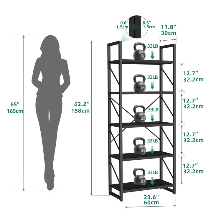 5 Tiers Bookshelf Artsy Modern Bookcase Book Rac Torage Rack Shelves Books Holder Organizer For Books/Movies In Living Room/Home/Office - màu đen - Xem 4