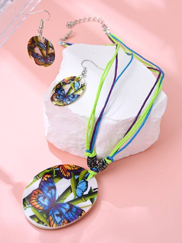 3pcs Multicolor Natural Shell Printed Butterfly Braided Beach Jewelry Set With Necklace, Earrings And Bracelet For Women Casual Wear