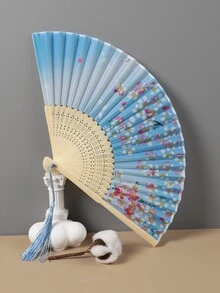 1pc Summer Portable Ancient Style Lady Folding Fan With Chinese Print For Hanfu Performance, 8-inch Hand Fan For Dance, Chinese Silk Fan - Baby Blue - View 3