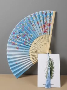 1pc Summer Portable Ancient Style Lady Folding Fan With Chinese Print For Hanfu Performance, 8-inch Hand Fan For Dance, Chinese Silk Fan - Baby Blue - View 2