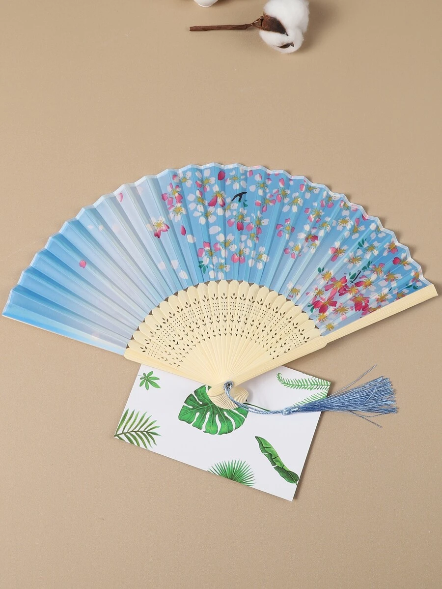 1pc Summer Portable Ancient Style Lady Folding Fan With Chinese Print For Hanfu Performance, 8-inch Hand Fan For Dance, Chinese Silk Fan - Baby Blue - View 1