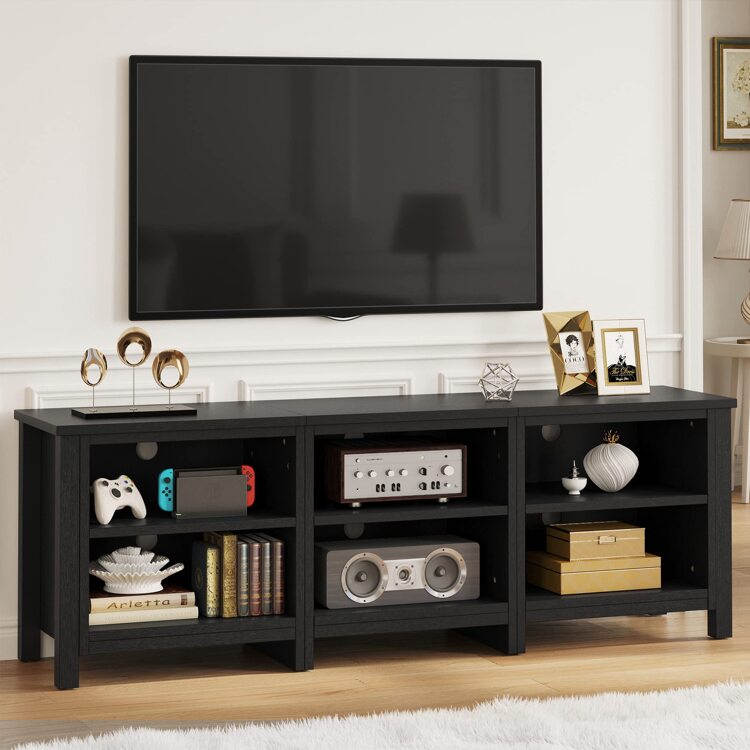 Modern TV Stand For TV Up To 80/75/70/65 Inch, Classic Detachable 6 Cubby Media Entertainment Center Console Table With 6 Open Storage Shelves & Cabinets For Living Room, 69'', Black - Black - View 1