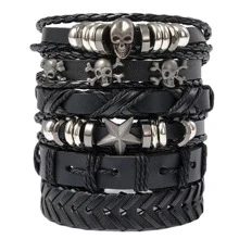 6pcs/Set Gothic Style Fashionable Personalized Skull And Star Metallic Accessories Decorated PU Leather Multi-Layer Wrap Bracelet, Suitable For Daily Wearing By Men, Ideal As A Gift For Family Or Boyfriend