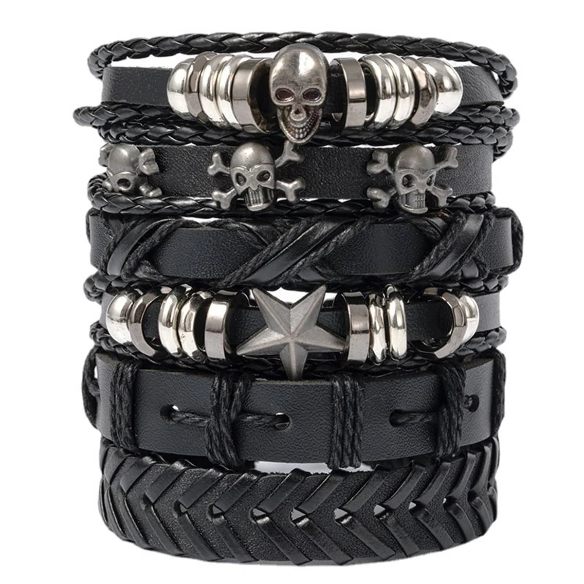 6pcs/Set Gothic Style Fashionable Personalized Skull And Star Metallic Accessories Decorated PU Leather Multi-Layer Wrap Bracelet, Suitable For Daily Wearing By Men, Ideal As A Gift For Family Or Boyfriend