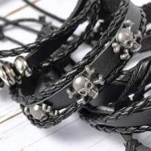 6pcs/Set Gothic Style Fashionable Personalized Skull And Star Metallic Accessories Decorated PU Leather Multi-Layer Wrap Bracelet, Suitable For Daily Wearing By Men, Ideal As A Gift For Family Or Boyfriend