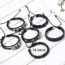 6pcs/Set Gothic Style Fashionable Personalized Skull And Star Metallic Accessories Decorated PU Leather Multi-Layer Wrap Bracelet, Suitable For Daily Wearing By Men, Ideal As A Gift For Family Or Boyfriend