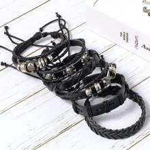 6pcs/Set Gothic Style Fashionable Personalized Skull And Star Metallic Accessories Decorated PU Leather Multi-Layer Wrap Bracelet, Suitable For Daily Wearing By Men, Ideal As A Gift For Family Or Boyfriend