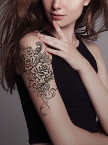 玫瑰臨時紋身貼紙 1 張女性感大腿紋身人體藝術防水逼真紋身貼紙一次性假紋身 - 黑色 - 查看 3