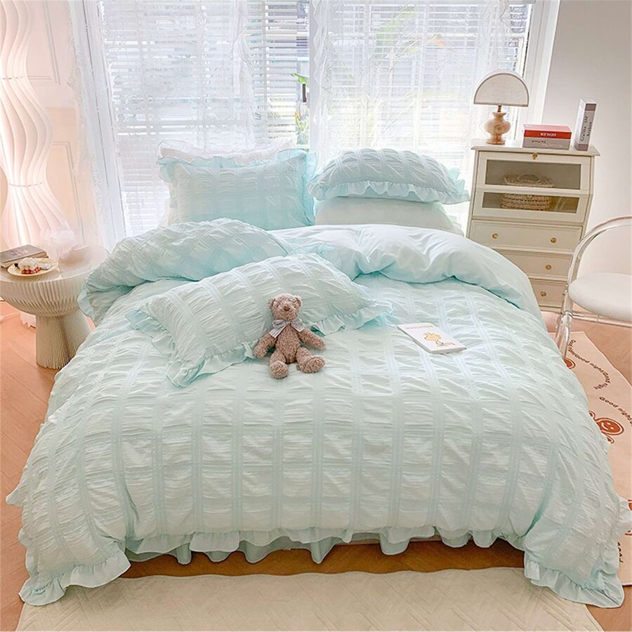 4入組泡泡紗布床裙帶蕾絲,不附帶填充 - 薄荷綠 - 查看 1