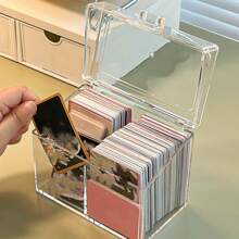 Acrylic Flip Cover Desktop Storage Box With Compartments, Transparent Dustproof Stationery Organizer For Pictures, Cards, Etc.,Pencil Case,Pencil Pouch,School Bag - Clear - View 1