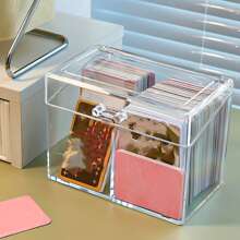 Acrylic Flip Cover Desktop Storage Box With Compartments, Transparent Dustproof Stationery Organizer For Pictures, Cards, Etc.,Pencil Case,Pencil Pouch,School Bag - Clear - View 5
