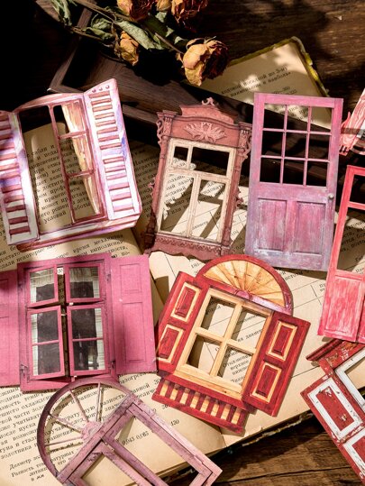 10 piezas/paquete Pegatinas de tarjetas de collage con patrón de ventana hueca para scrapbooking, diarios y manualidades DIY de vuelta a la escuela