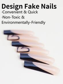 24入組簡約心形法式邊緣美甲貼紙，淺粉色底色與黑色指尖，附有啫喱凝膠法式貼片美甲工具 - 黑色 - 查看 4