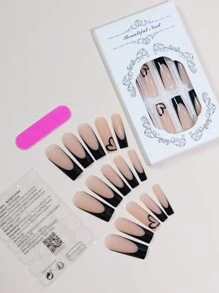 24入組簡約心形法式邊緣美甲貼紙，淺粉色底色與黑色指尖，附有啫喱凝膠法式貼片美甲工具 - 黑色 - 查看 2