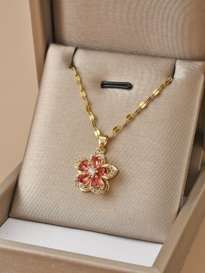 1pc Stainless Steel 5-Petal Rotating Flower Necklace, Suitable For Women's Daily Wear, Women's Gold Color Necklace, High-Quality 18K Gold Necklace, Women's Jewelry Necklace, Halloween Gift, Christmas Gift, Women's Accessory