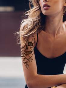 暫時性刺青,1入組防水骷髏玫瑰暫時性刺青貼紙,身體藝術水轉印一次性假刺青貼紙,適用於男女和女孩,完美適用於萬聖節身體裝飾 - 黑色 - 查看 4