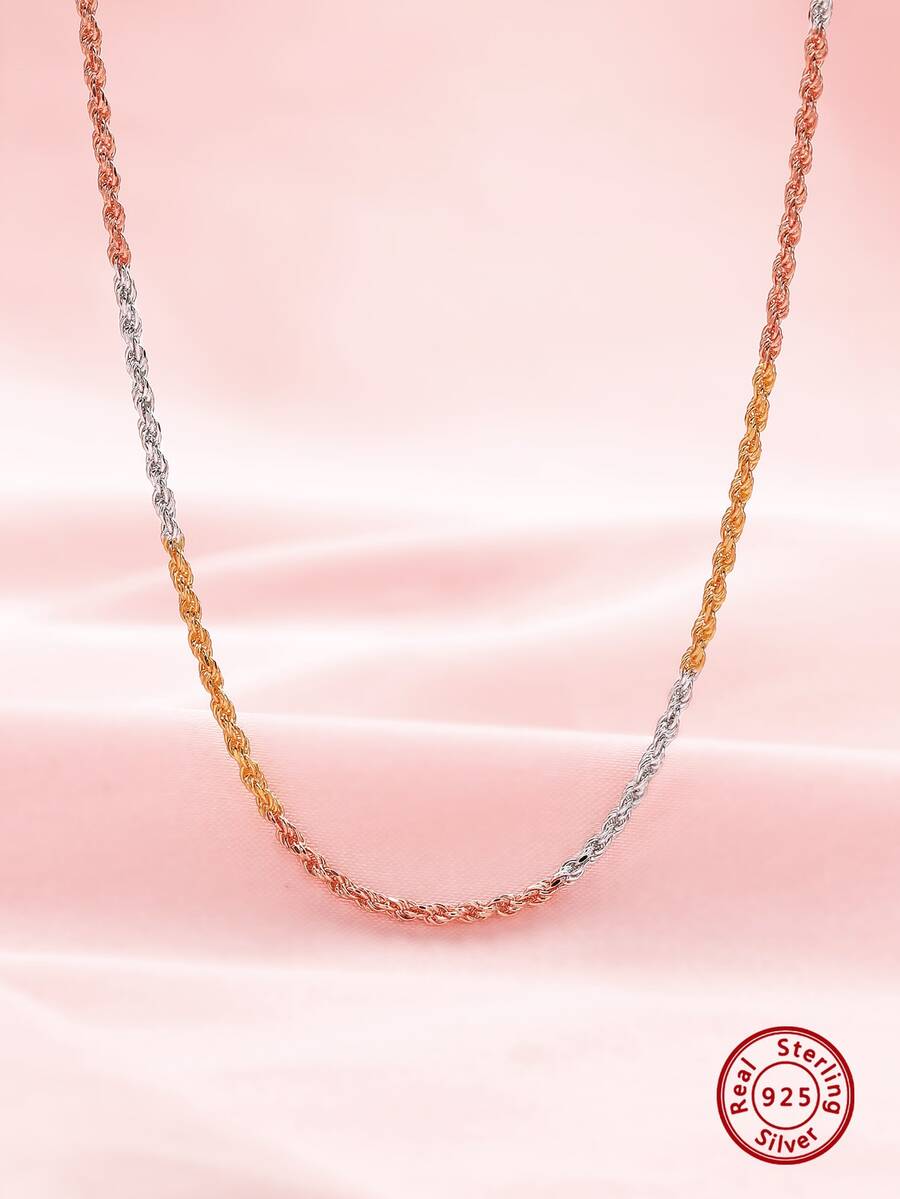 Chicas 1 pieza Collar gargantilla 1.5mm grueso minimalista girante trigo cuerda con cadena tres color rosa dorado chapado unicolor plata de ley 925 con cadena para mujeres 45cm 18 pulgadas - 45 cm 18 pulgadas - Ver 1