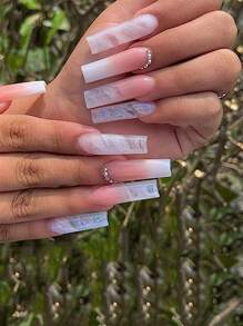 24片棺材形粉色漸變點鑽美甲片加果凍膠1片和1片銼刀 - 彩色 - 查看 1