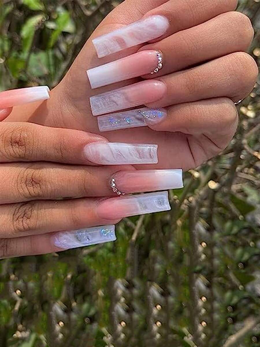 24片棺材形粉色漸變點鑽美甲片加果凍膠1片和1片銼刀 - 彩色 - 查看 1