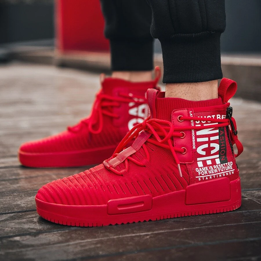 Men's Walking Shoes Lace Up High Top Sneakers Athletic Hip Hop Shoes Casual Breathable Shoe For Men - 紅色 - 查看 1