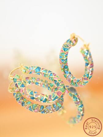 Cici Color 1雙黃金鍍S925銀彩色琺瑯工藝圓形耳釘,時尚,精美,多用途和迷人的,合適的適用於女性日常穿著,約會,旅行和作為A情侶禮品,帶禮物盒包裝