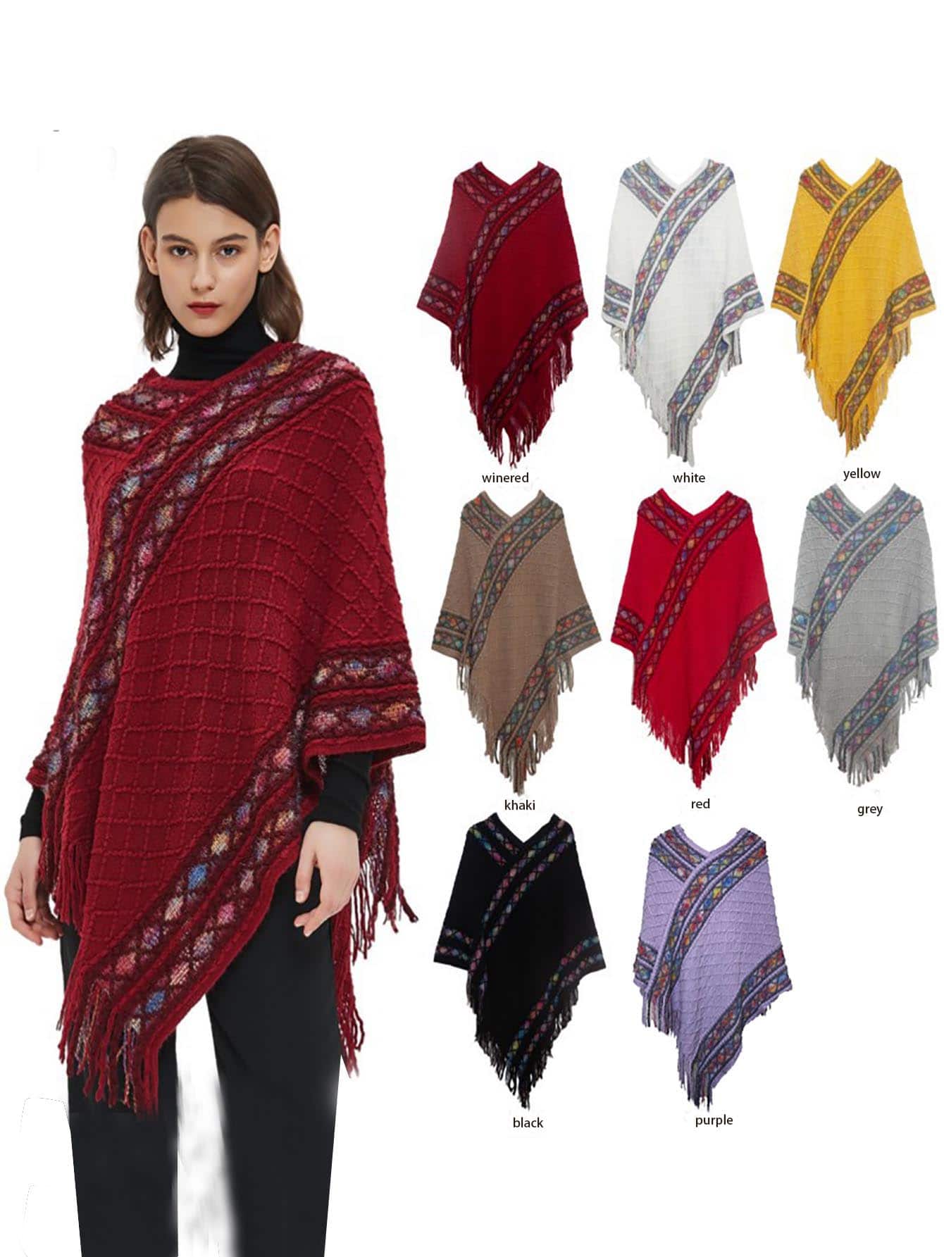 1入組女性針織披肩斗篷帶流蘇,三角形披肩適合旅行,濃烈香調