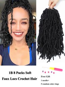 8pcs Black Soft Faux Locs Crochet Synthetic Braid Hair, 1 Needle With 5 Random Color Rings - Black - View 1