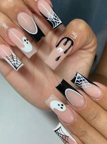 Halloween eleva tu estilo con 24 uñas postizas largas en forma de ballet con patrón de tela de araña fantasma. Viene con 1 pegamento de gelatina, 1 lima de uñas. Adecuado para festivales, fiestas, bailes y uso diario. - Multicolor - Ver 1