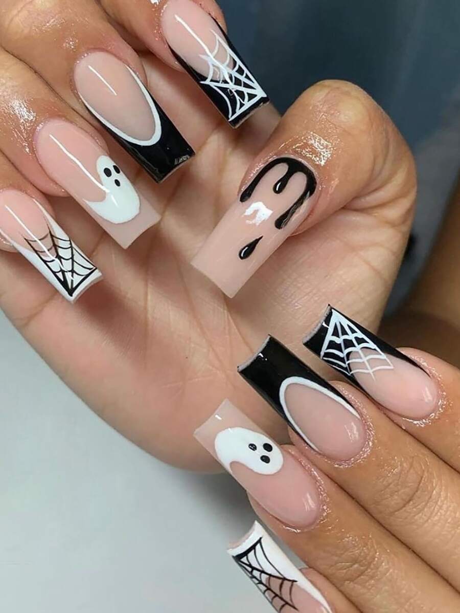 Halloween eleva tu estilo con 24 uñas postizas largas en forma de ballet con patrón de tela de araña fantasma. Viene con 1 pegamento de gelatina, 1 lima de uñas. Adecuado para festivales, fiestas, bailes y uso diario. - Multicolor - Ver 1