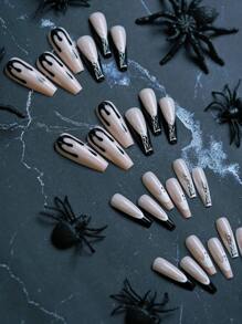 Halloween eleva tu estilo con 24 uñas postizas largas en forma de ballet con patrón de tela de araña fantasma. Viene con 1 pegamento de gelatina, 1 lima de uñas. Adecuado para festivales, fiestas, bailes y uso diario. - Multicolor - Ver 3