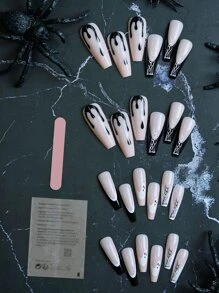Halloween eleva tu estilo con 24 uñas postizas largas en forma de ballet con patrón de tela de araña fantasma. Viene con 1 pegamento de gelatina, 1 lima de uñas. Adecuado para festivales, fiestas, bailes y uso diario. - Multicolor - Ver 2