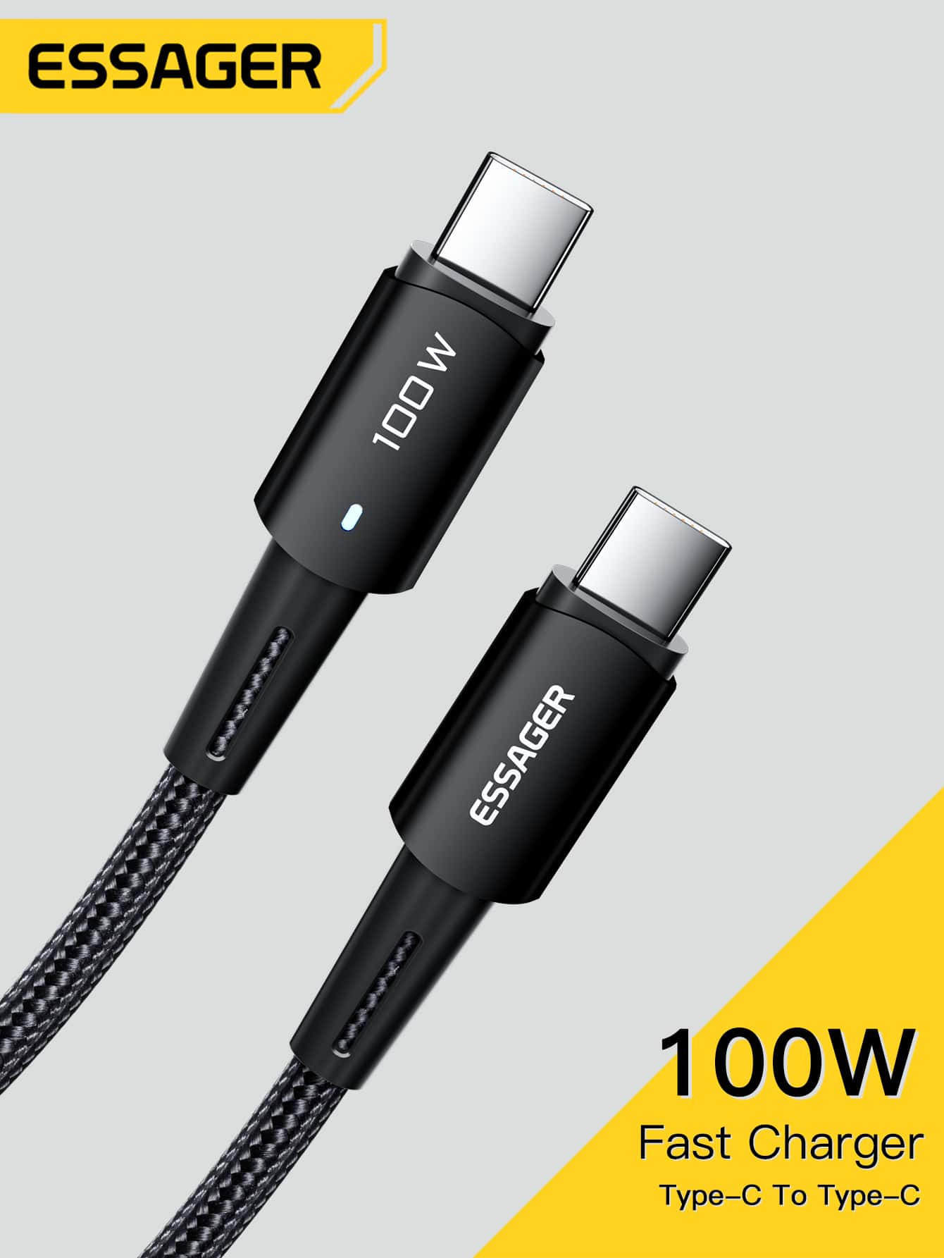 Essager USB-C 数据线 100W PD QC 4.0 3.0 USB Type-C 数据线 快速充电线 Type-C 适用于 Pro 充电线 - 黑色 - 查看 1