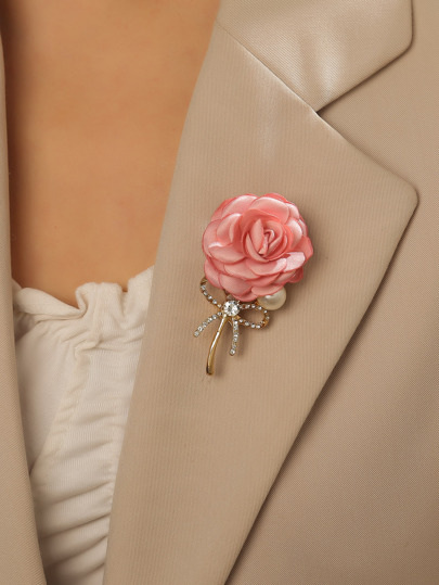 1pc Romantic Pink Rose Flower Shaped Brooch With Faux Pearl And Rhinestone Decor For Women's Casual & Party Outfits