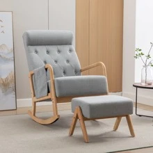 HOMEFUN Rocking Chair With Ottoman Mid-Century Modern Upholstered Fabric Rocking Armchair Rocking Chair Nursery With Thick Padded Cushion High Backrest Accent Glider Rocker Chair For Living Room - 灰色 - 查看 1