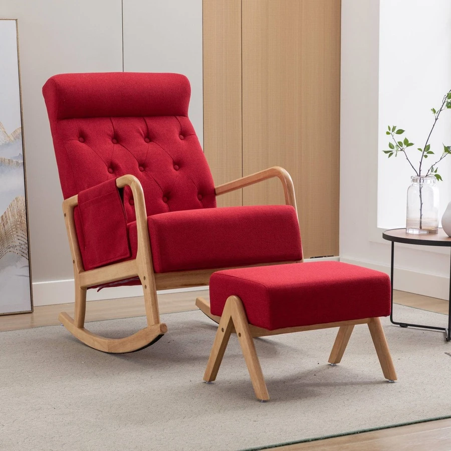 HOMEFUN Mecedora con otomana de mediados de siglo, moderna, tapizada de tela, mecedora, mecedora, guardería con cojín acolchado grueso, respaldo alto, mecedora decorativa para sala de estar - Rojo - Ver 1