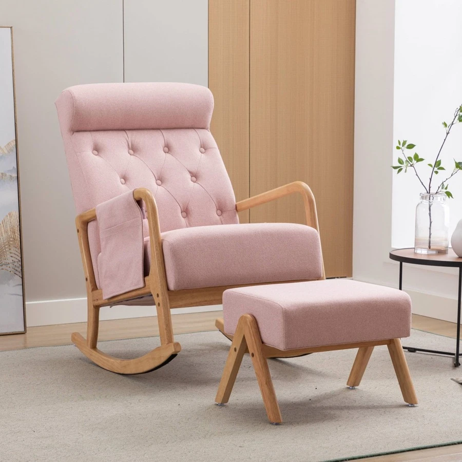 HOMEFUN Rocking Chair With Ottoman Mid-Century Modern Upholstered Fabric Rocking Armchair Rocking Chair Nursery With Thick Padded Cushion High Backrest Accent Glider Rocker Chair For Living Room - 粉色 - 查看 1