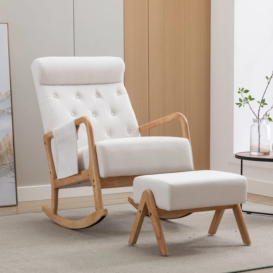 HOMEFUN Rocking Chair With Ottoman Mid-Century Modern Upholstered Fabric Rocking Armchair Rocking Chair Nursery With Thick Padded Cushion High Backrest Accent Glider Rocker Chair For Living Room - 米色 - 查看 1