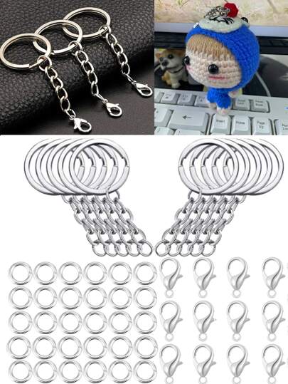 70件套钥匙链配件套装，包括50个龙虾扣、10个钥匙圈、10个旋转扣，用于DIY手工钥匙链制作。