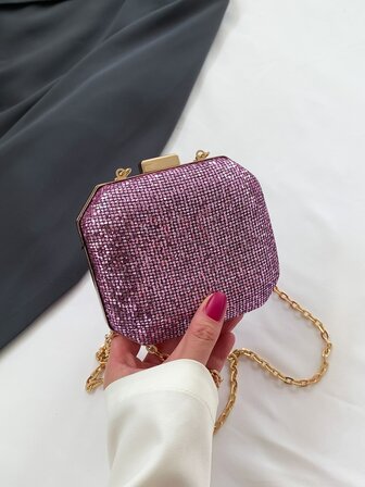 貼水鑽工藝女士鏈條斜挎包 方盒包適合約會聚餐 迷你包