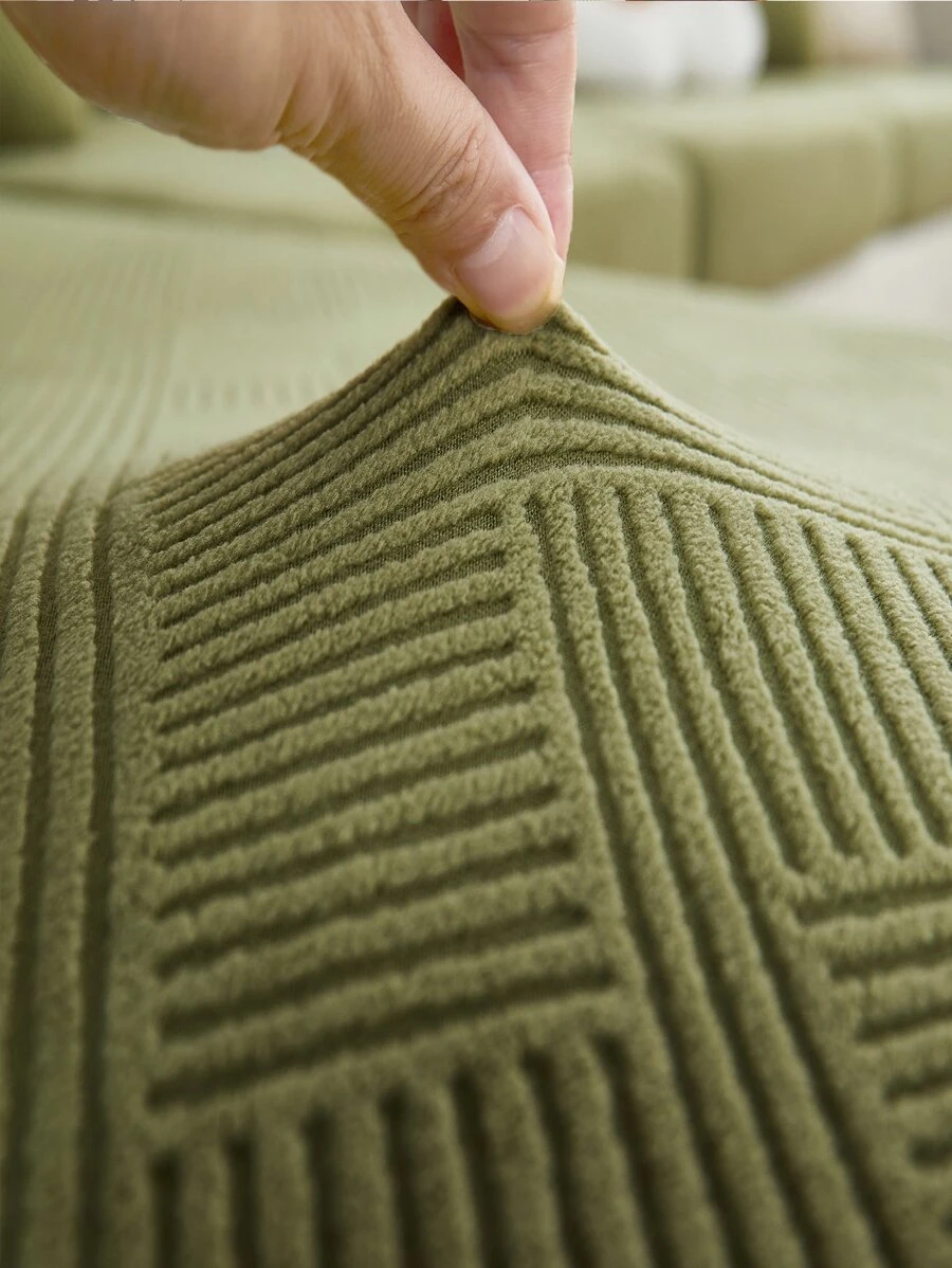 1pc Geometric Line Jacquard Spandex Sofa Cover Universal Full Covered Anti-dust & Anti-scratch Cat Four Seasons All-inclusive Elastic Sofa Cover - Olive Green - View 1