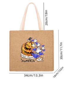 Bolsa de compra Halloween con patrón de calabaza de gran capacidad lino - Caqui - Ver 11