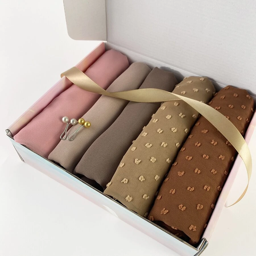 1盒混合雪紡頭巾套裝,包括5入組頭巾和2入組髮夾女士頭巾套裝 - 駝色 - 查看 1