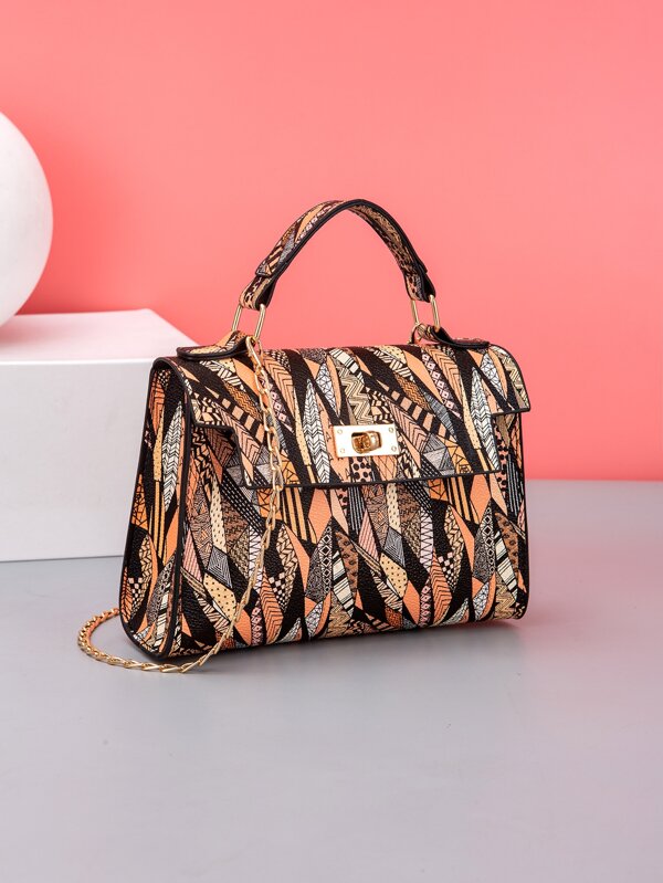 Chain Crossbody Bag, Fashionable Printed Handbag For Women, Multicolor