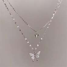 1 pieza Collar de mujer de doble capa con mariposa de metal y diamante de imitación, adecuado para boda, fiesta y uso diario - Plateado - Ver 5