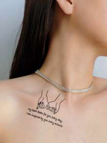 1pc Temporary Tattoo Sticker With Hand Heart & Letter Design For Body, Wrist And Other Small Areas - Black - View 3