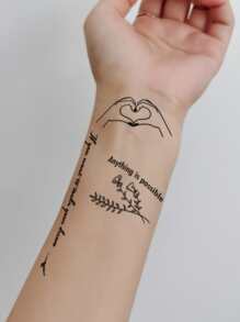 1pc Temporary Tattoo Sticker With Hand Heart & Letter Design For Body, Wrist And Other Small Areas - Black - View 1