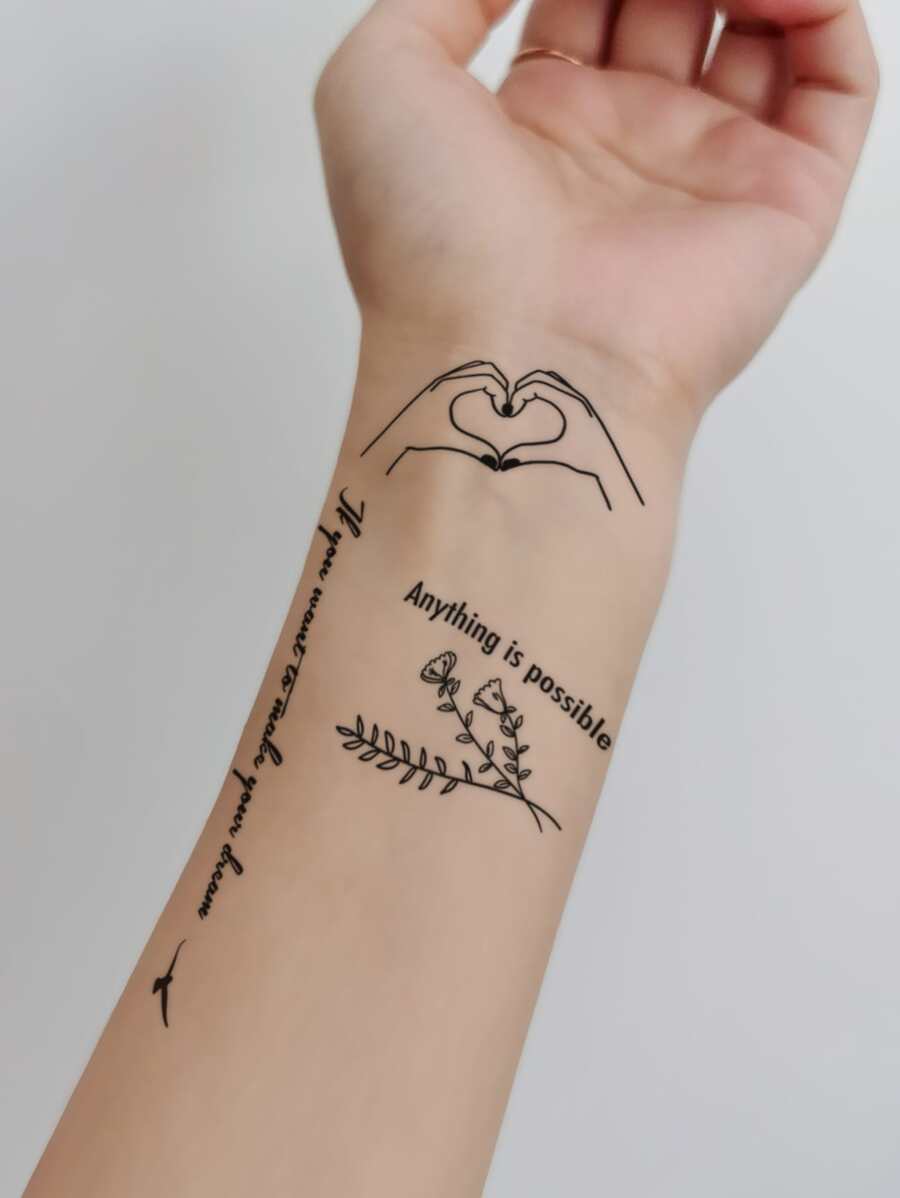 1pc Temporary Tattoo Sticker With Hand Heart & Letter Design For Body, Wrist And Other Small Areas - Black - View 1